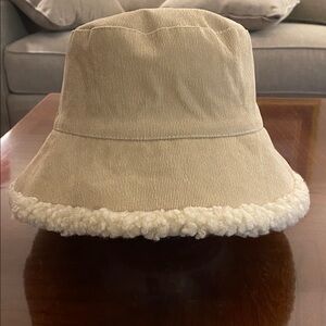 Ladies Tan Corduroy Bucket Hat with Fleece Trim/reversable